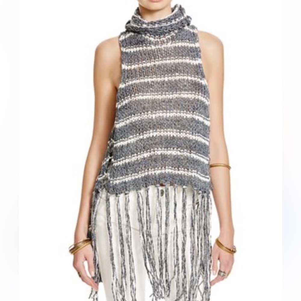 Free People Striped Folksong Fringe Knit Boho Sleeveless Vest Sweater Turtleneck
